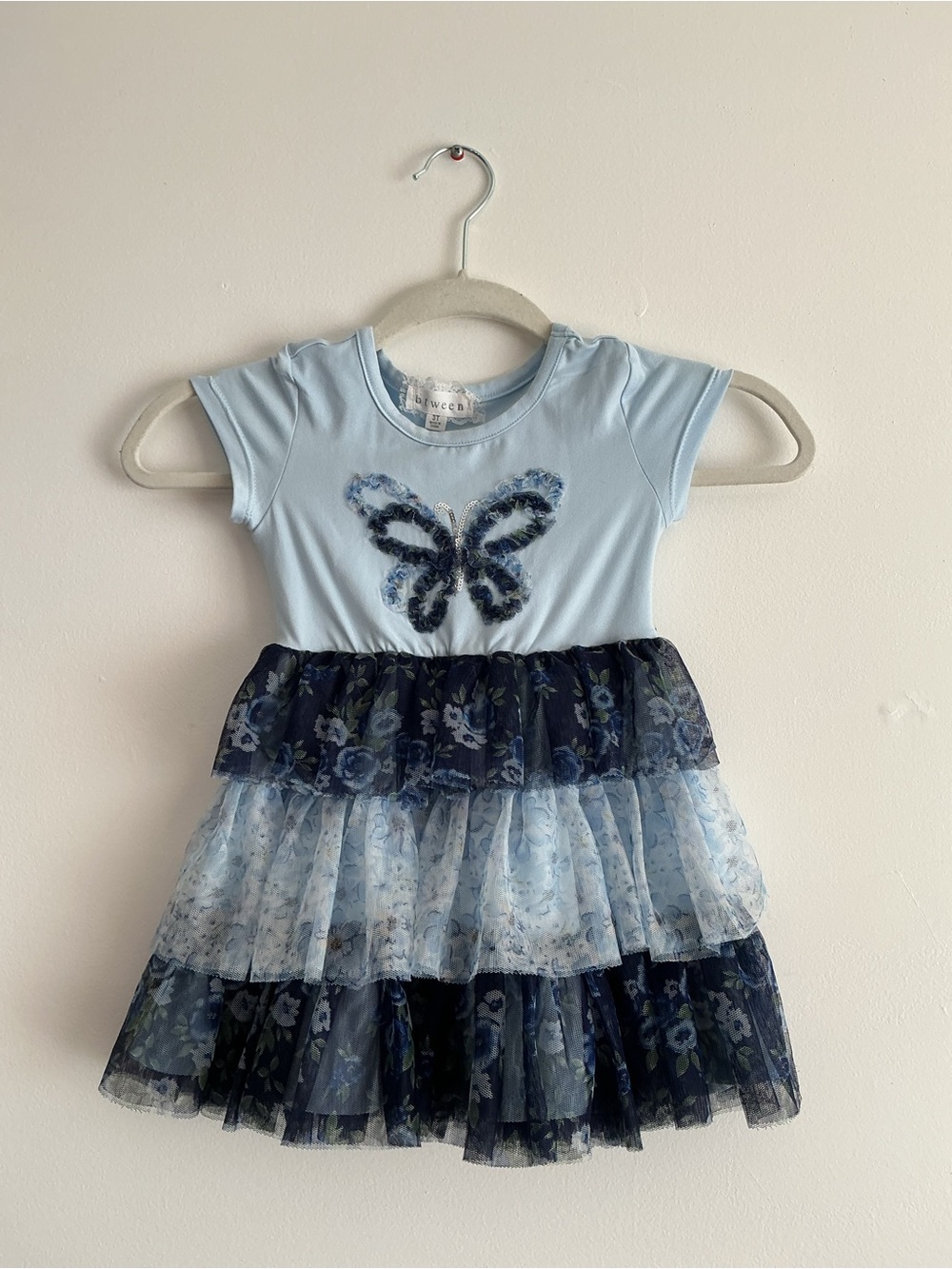 Light Blue & Navy Butterfly Tiered Tulle Dress for Girls